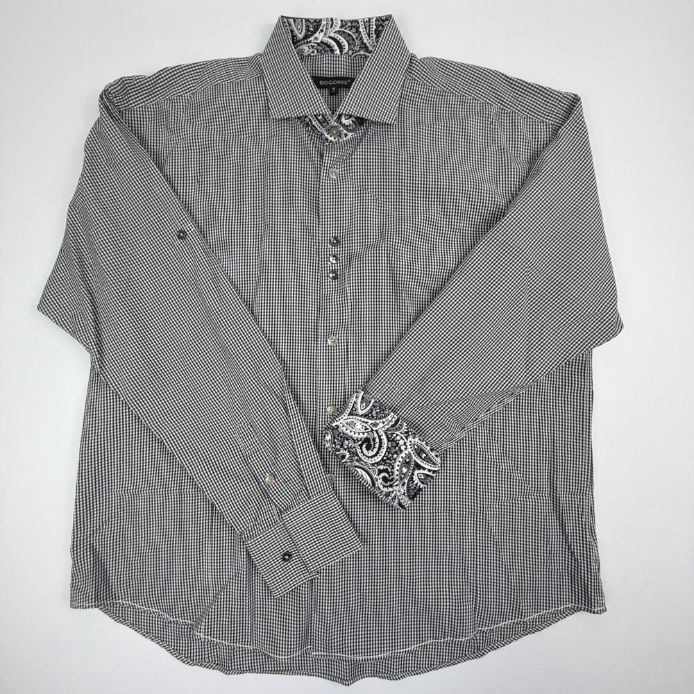Bogosse Mens Button Down Shirt Black White Gingham Paisley Trim Cotton Size 7